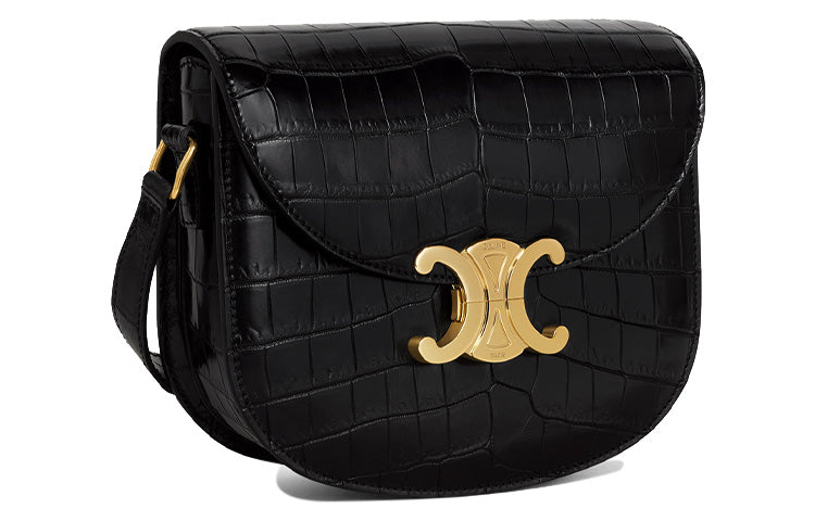 CELINE Besace Crocodile Leather Shoulder Bag Crossbody Bag Women's Black