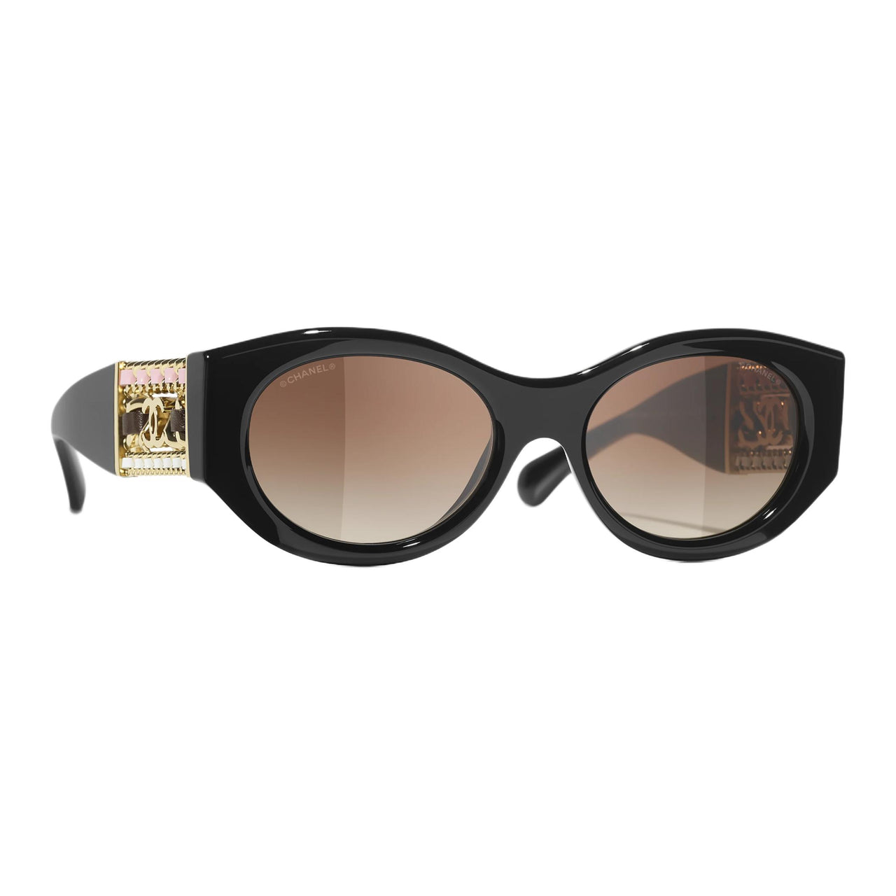 CHANEL Metal Acetate Calfskin Oval Sunglasses Unisex Black
