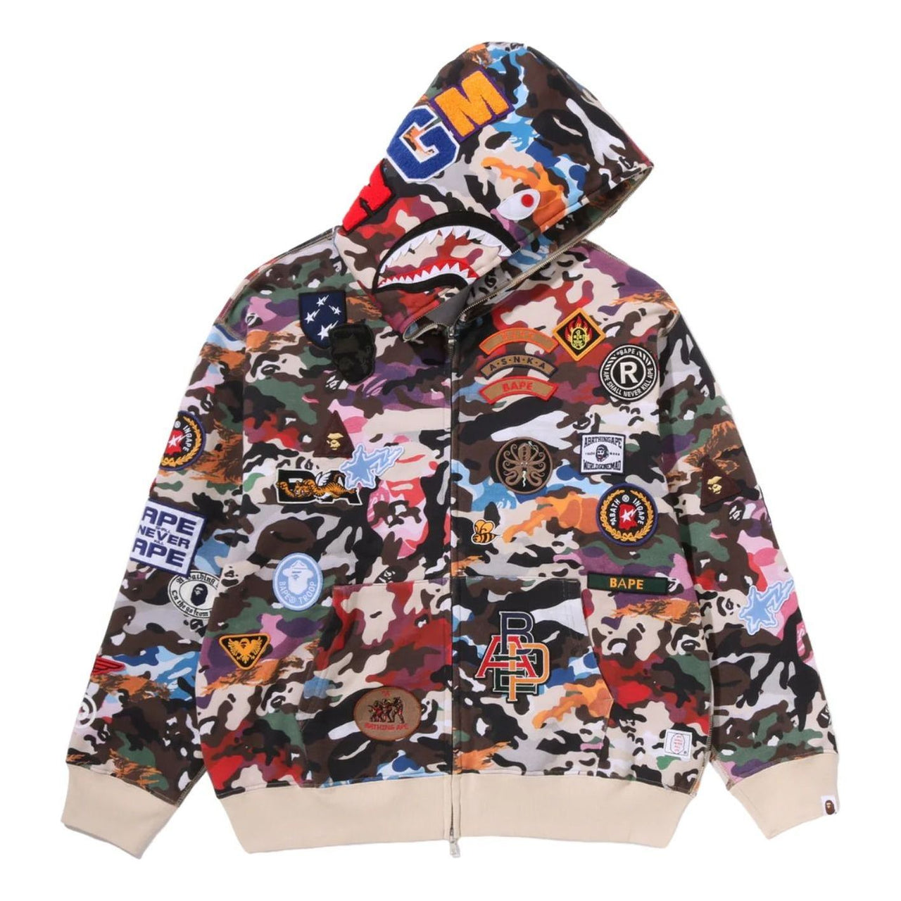 A Bathing Ape Hybrid Camo Multi Badge Shark Relaxed Fit Full Zip Hoodie 'Multicolor' 0ZXSWM324151RMLX