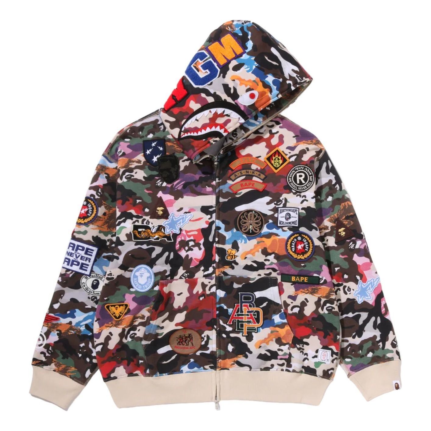 A Bathing Ape Hybrid Camo Multi Badge Shark Relaxed Fit Full Zip Hoodie 'Multicolor' 0ZXSWM324151RMLX