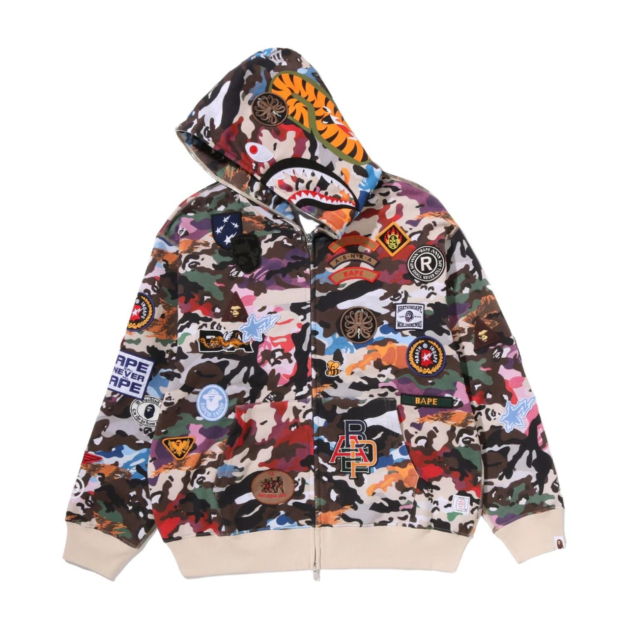 A Bathing Ape Hybrid Camo Multi Badge Shark Relaxed Fit Full Zip Hoodie 'Multicolor' 0ZXSWM324151RMLX