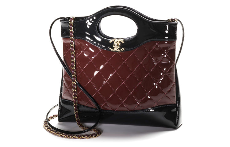 CHANEL Calfskin Patent Leather Shoulder Bag Crossbody Bag Handbag Mini Women's Burgundy/Black