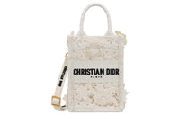 DIOR Embroidery Tote Bag Shopping Bag Cell Phone Pouch Shoulder Bag Crossbody Bag Handbag Mini Women's White