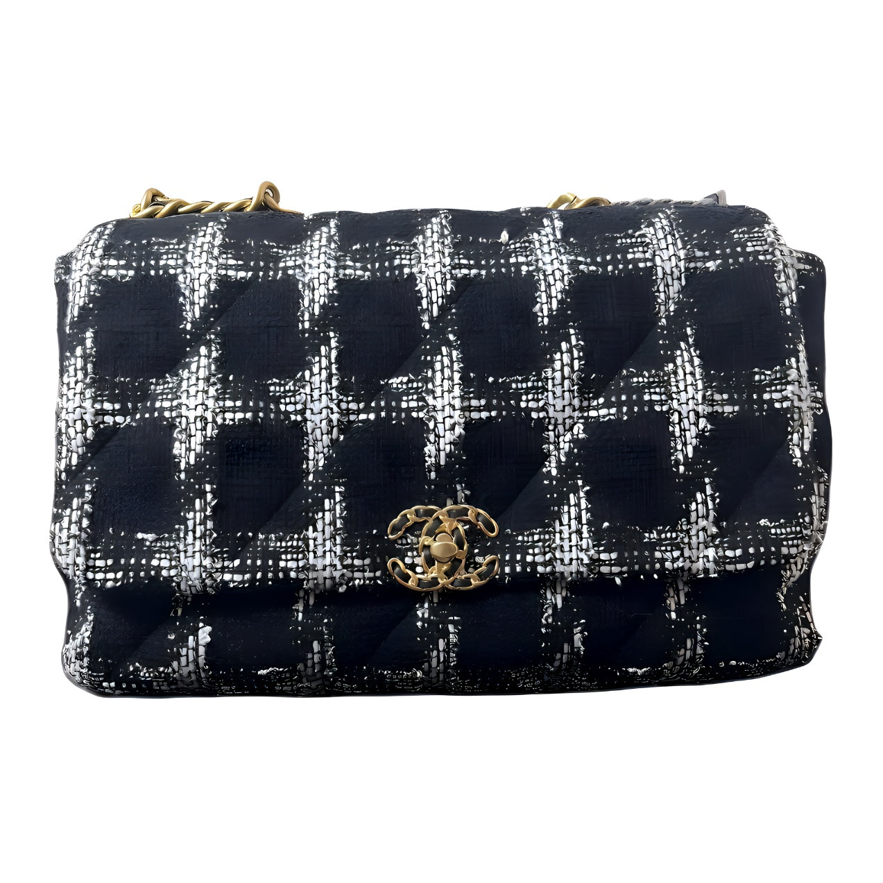 CHANEL 19Bag22K Fall And Winter Wool Twill Velvet Shoulder Bag Crossbody Bag Large Size Women's Black White