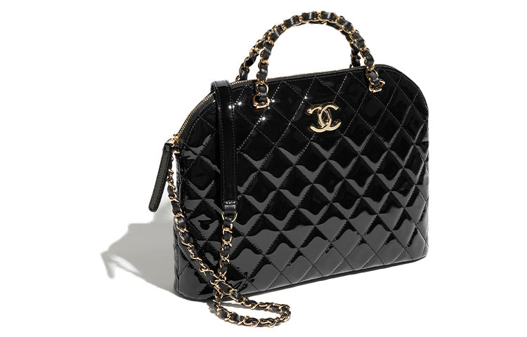 CHANEL Patent Leather Calfskin Dome Bag Shoulder Bag Crossbody Bag Handbag Large Size Women's Black