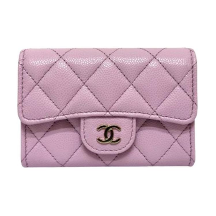 CHANEL Grain Cow Leather Card Holder Women's Pink