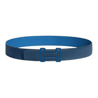 HERMES Calfskin Metal Stainless Steel Rubber Leather Belts Men's Blue Width: 3.8CM