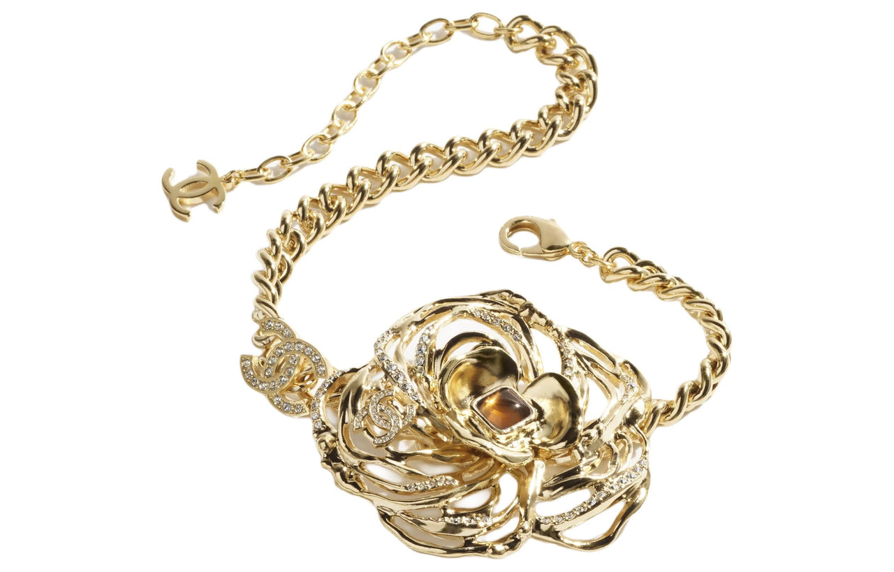 CHANEL Metal Artificial Pearl Rhinestone Necklaces Women's Gold