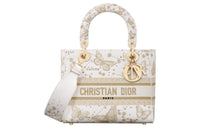 DIOR Lady D Lite Embroidery Lady Dior Bag, Shoulder Bag, Crossbody Bag, Handbag Medium Size Women's Gold & White