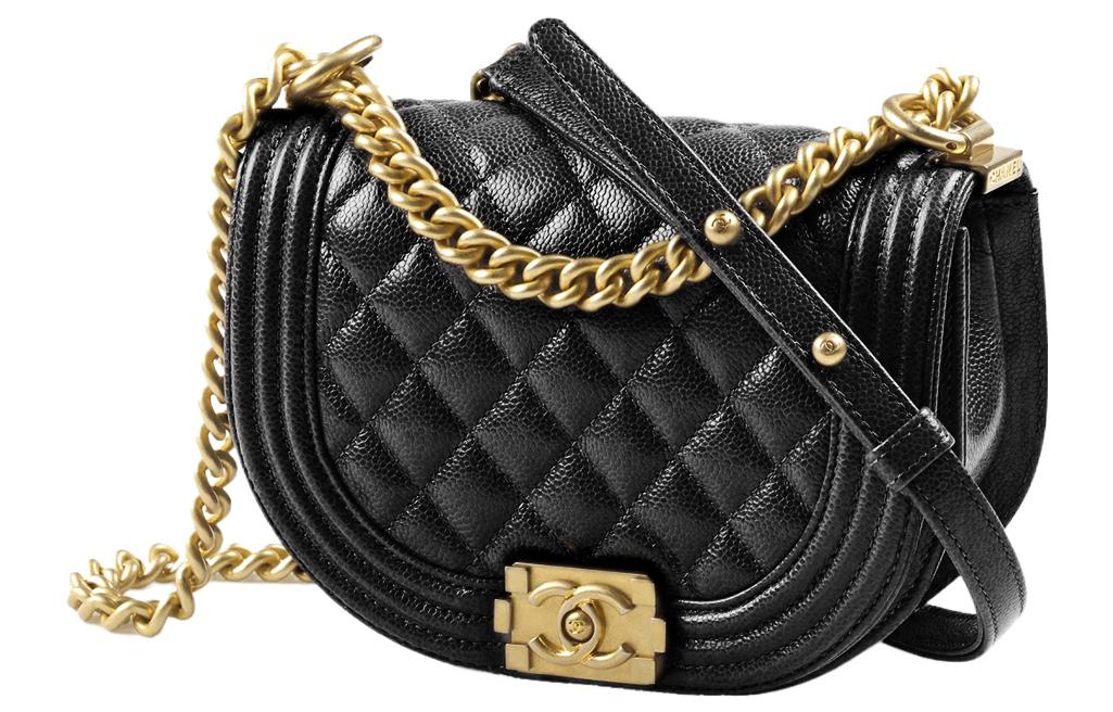 CHANEL Embossed Calfskin With Gold Metal Messenger Bag Shoulder Bag Crossbody Bag Small Size Women's Black