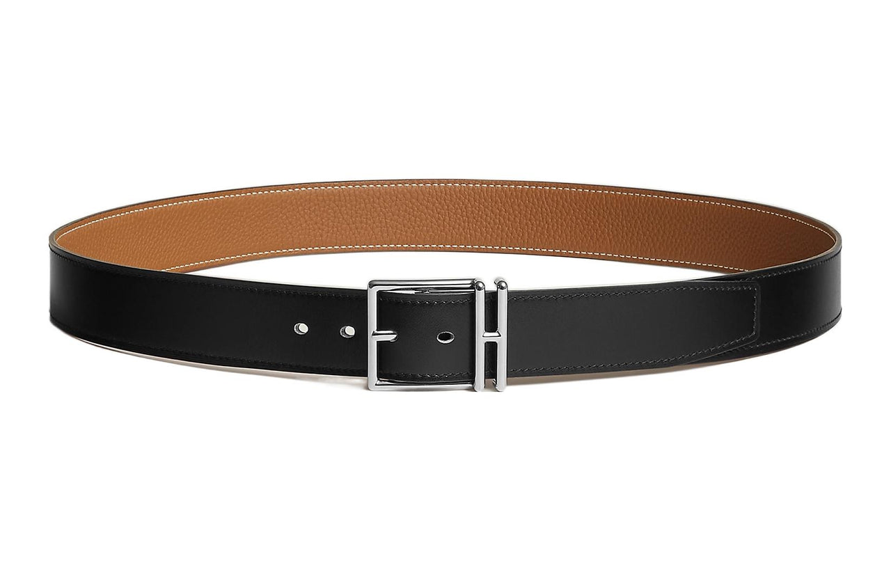HERMES Calfskin Leather Belts Men's Black/Gold Width: 3.2cm