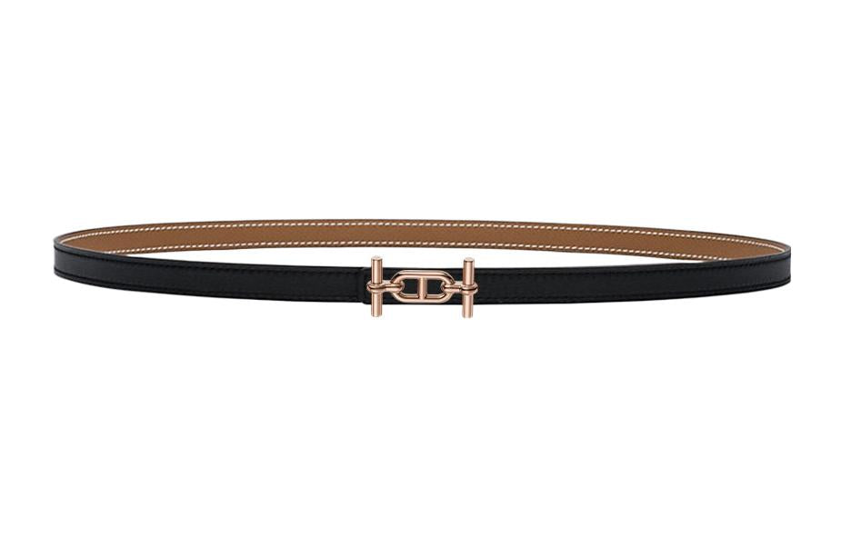 HERMES Rose Gold Buckle Togo Calfskin Belt Women's Black Width 1.3cm