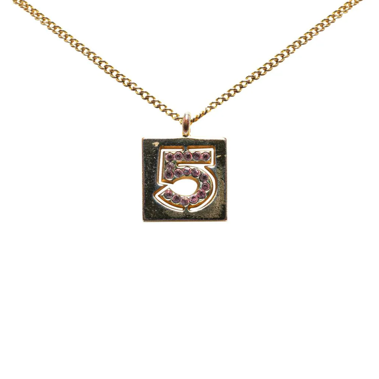 CHANEL 2002 Plated Rhinestone No.5 Square Costume Necklace