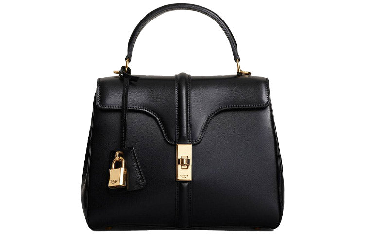CELINE 16 Satin Cow Leather Handbag, Shoulder Bag Trumpets Women's Black