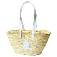 CELINE Raffia With Calfskin Tote Bag Shopping Bag Shoulder Bags Handbags Medium Size Women's White