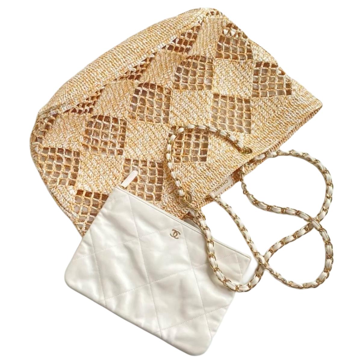 CHANEL Raffia Fiber Effect With Metal Tote Bag Shopping Bag Beach Bag One Shoulder Handbag Women's Beige