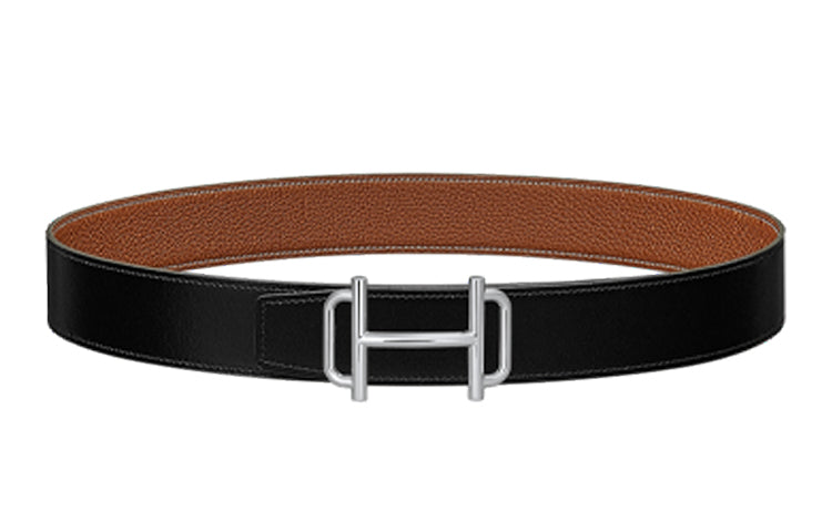 HERMES Togo Calfskin Double-Sided Leather Belt Leather Belts Men's Black/Silver Width: 3.8cm