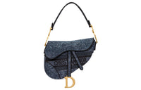 DIOR Saddle Embroidery Saddle Bags One Shoulder Handbags Women's Blue