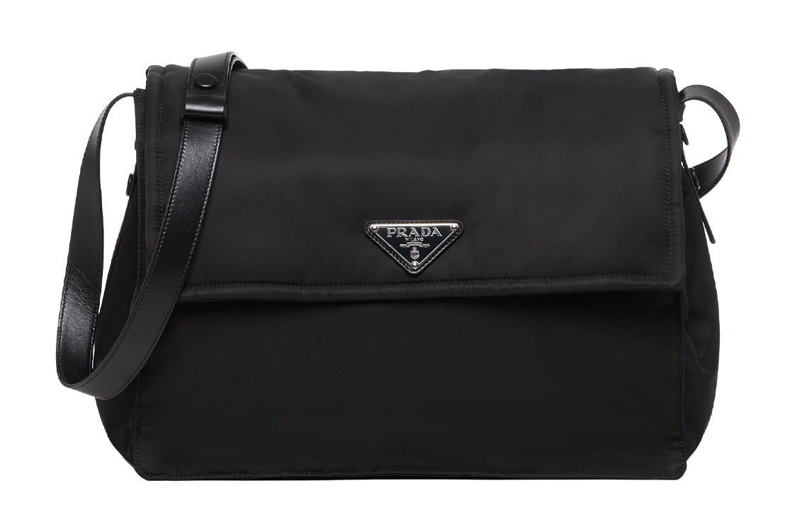 PRADA Cini Leather Trim Messenger Bag, Shoulder Bag, Crossbody Bag Tubas Unisex Black