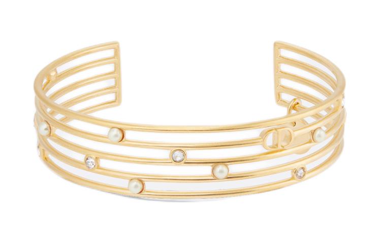 DIOR Metal Resin Pearl Crystal Bangles Women's Gold