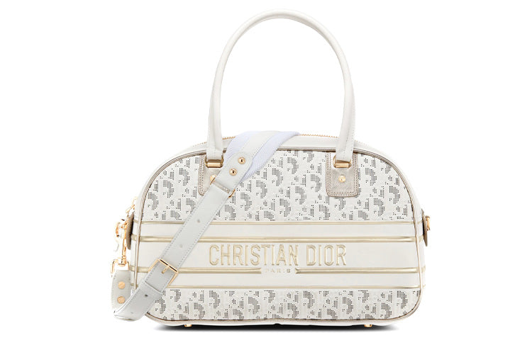 DIOR Cow Leather Bowling Bag, Gym Bag, One Shoulder Crossbody Bag, Travel Bag, Handbag Medium Size Women's White/Gold