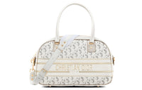DIOR Cow Leather Bowling Bag, Gym Bag, One Shoulder Crossbody Bag, Travel Bag, Handbag Medium Size Women's White/Gold