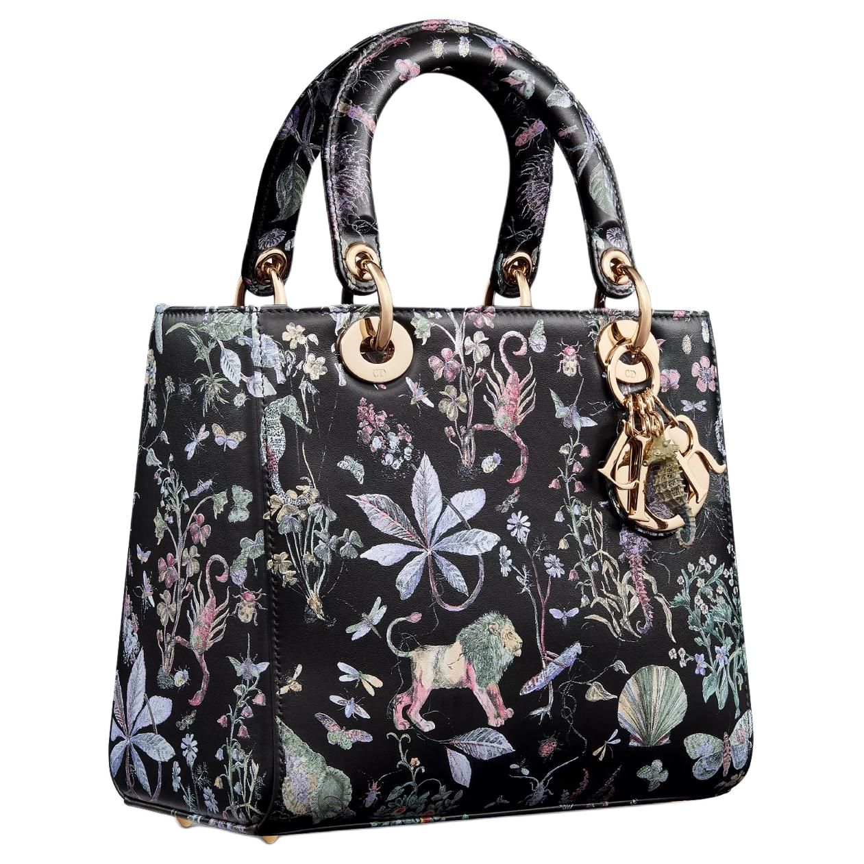 DIOR Lady Dior Calfskin One Shoulder Handbags Medium Size Women's Black