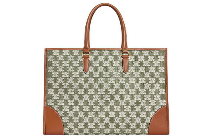 CELINE Cabas Embroidered Fabric Tote Handbag Handbag Shoulder Bag Women's Khaki Green