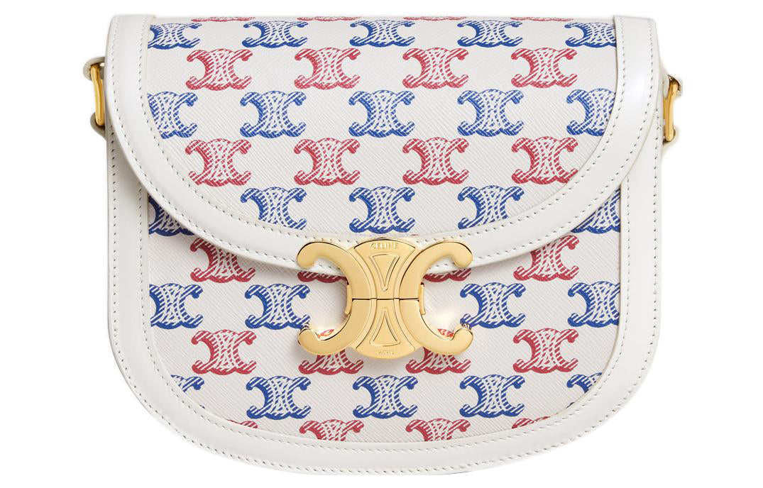 CELINE Besace Canvas paneled Calfskin Trim Crossbody Bag, Shoulder Bag Women's Blue/White/Red