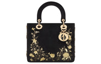 DIOR Lady Dior Pattern Embroidered Velvet Daisie Bag Shoulder Bag Crossbody Bag Handbag Medium Size Women's Black