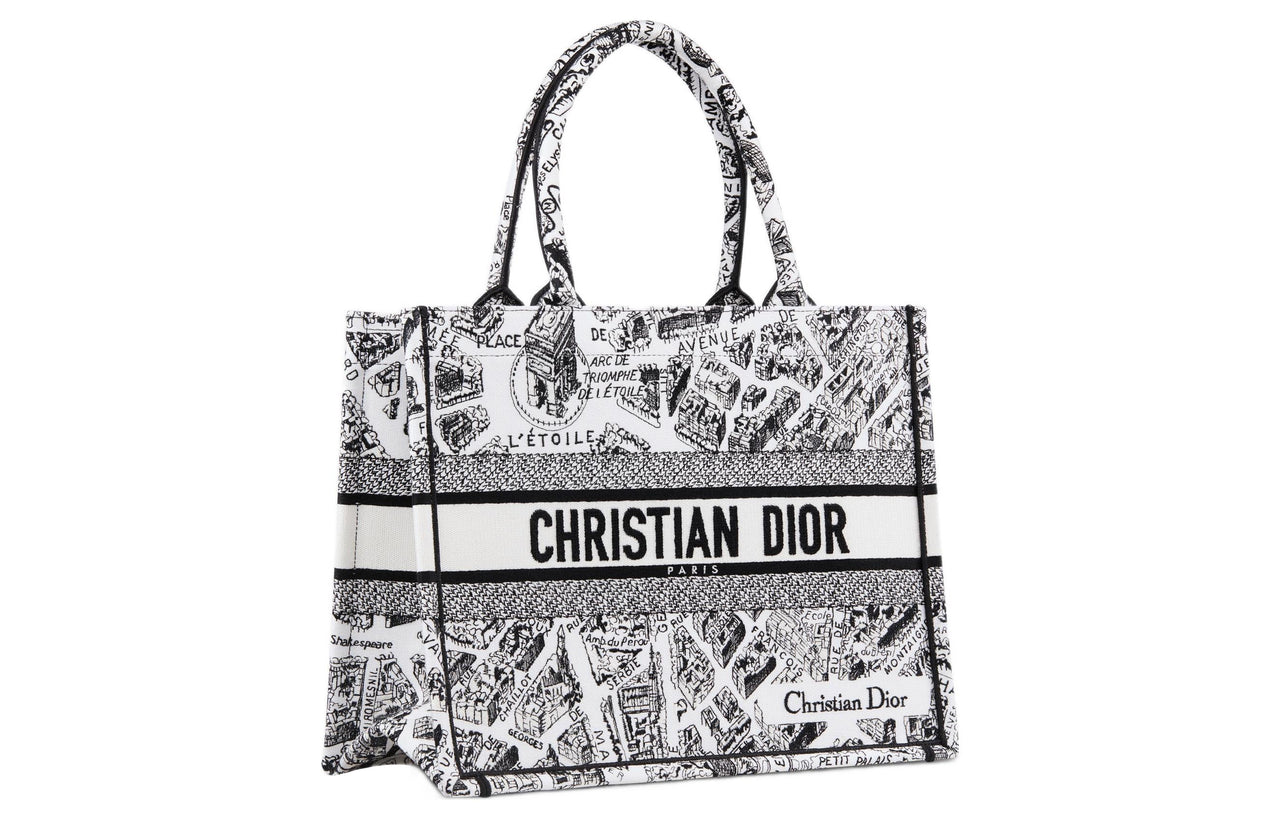 DIOR BookTote Embroidery Tote Bag Shopping Bag Handbag Medium Size Women's White/Black
