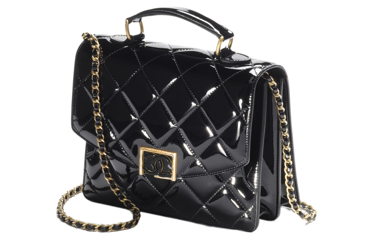 CHANEL Patent Leather Handbag Shoulder Bag Crossbody Bag Regular Women's Black