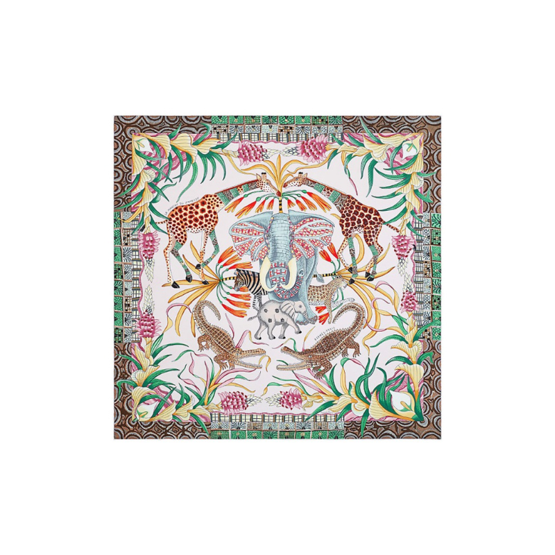 HERMES Silk Scarves Women's Light Pink/Green/Yellow