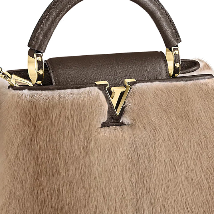 LOUIS VUITTON Capucines Mink Fur With Goatskin Trim Capusin Shoulder Crossbody Handbag Small Size Women's Light Umber