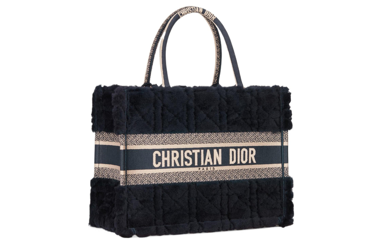 DIOR BookTote Shearling Tote Bag Shopping Bag Handbag Medium Size Women's Navy