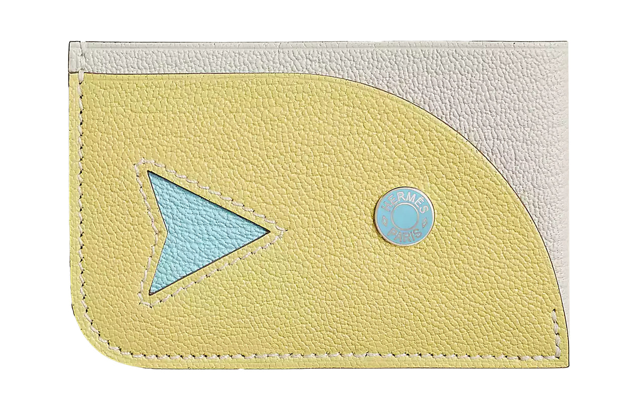 HERMES Mysore Goat Skin Card Holder Women's Mushroom/Lemon Wine/Wind-Blown Blue