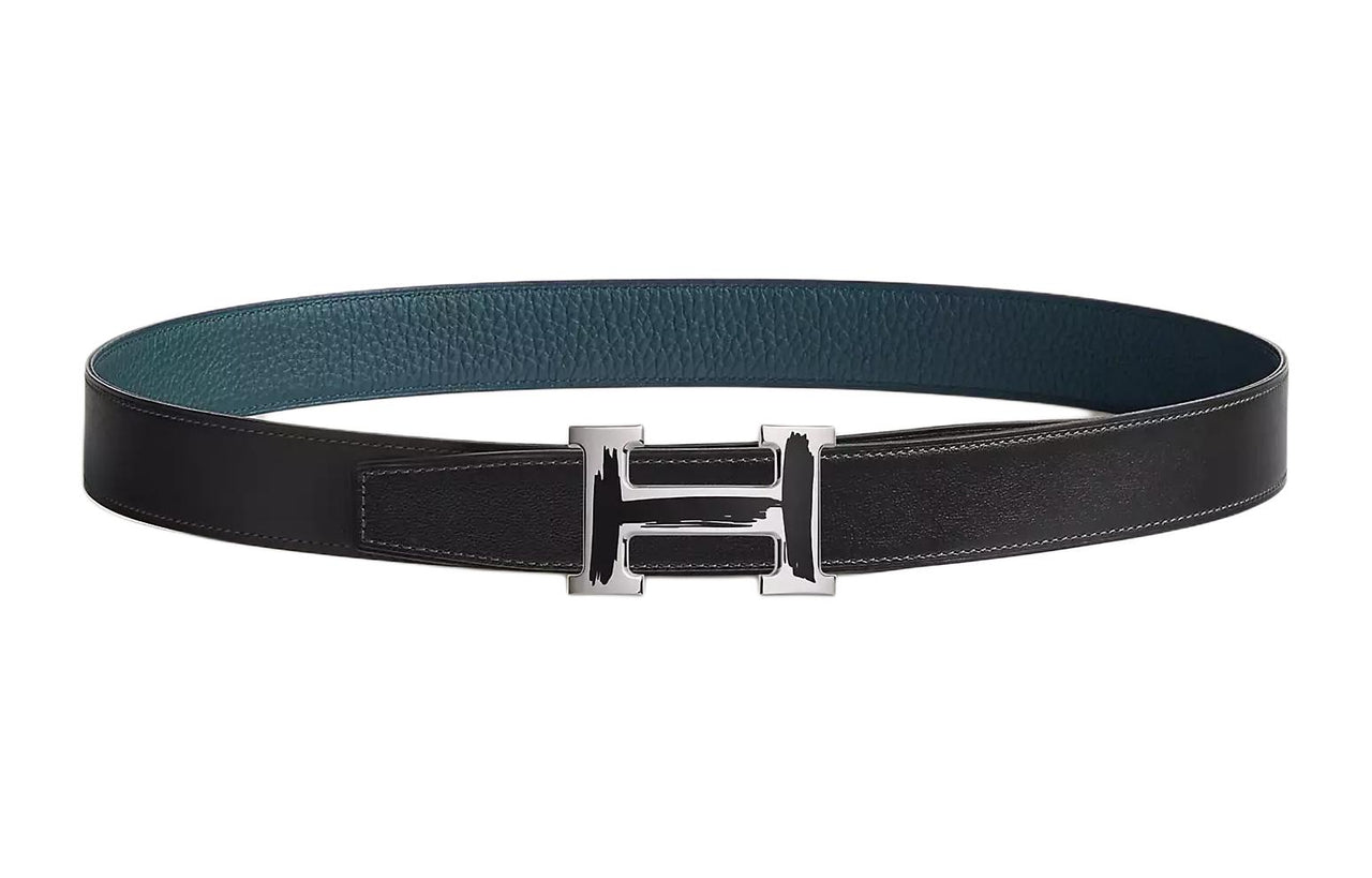 HERMES Letter H Label Leather Belts Men's Dark Blue Width  3.2cm