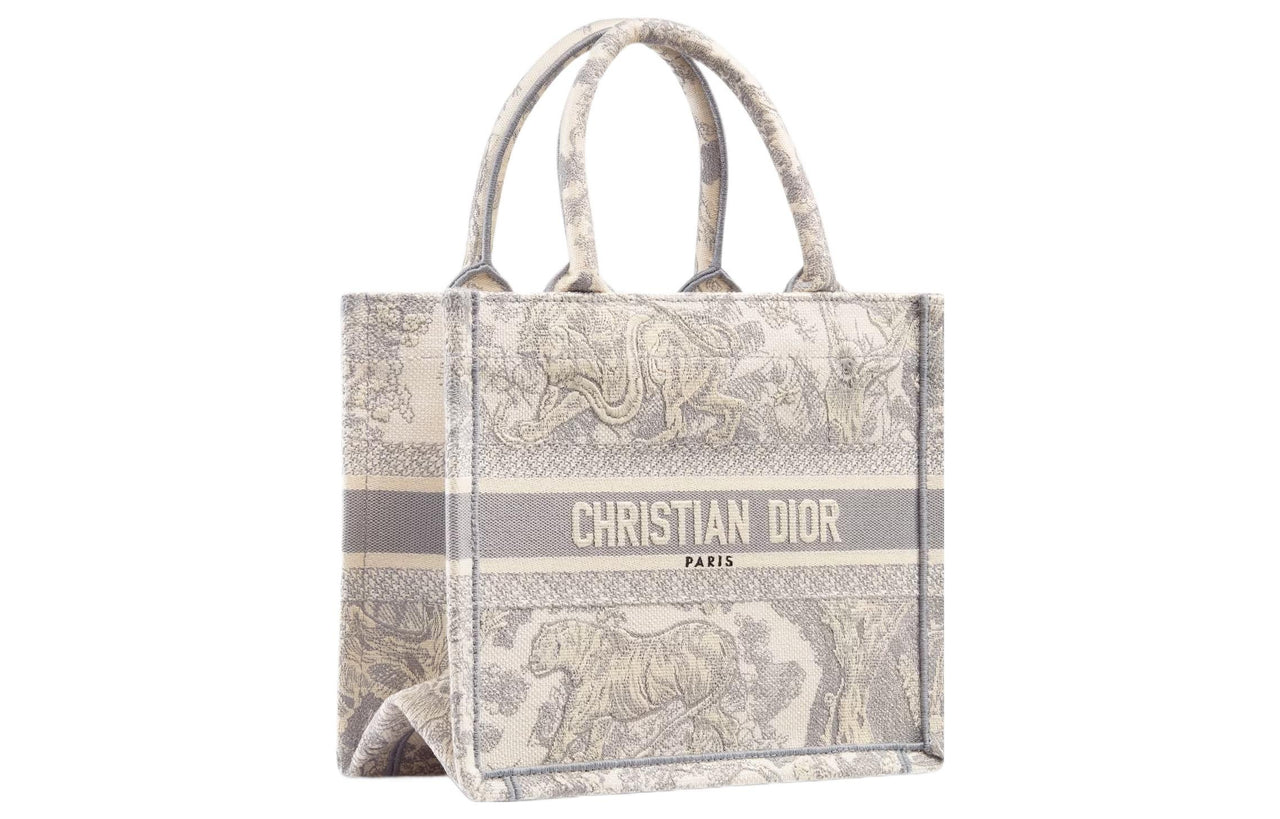 DIOR BookTote Embroidery Tote Bag Shopping Bag Handbag Small Size Women's Ivory/Gray