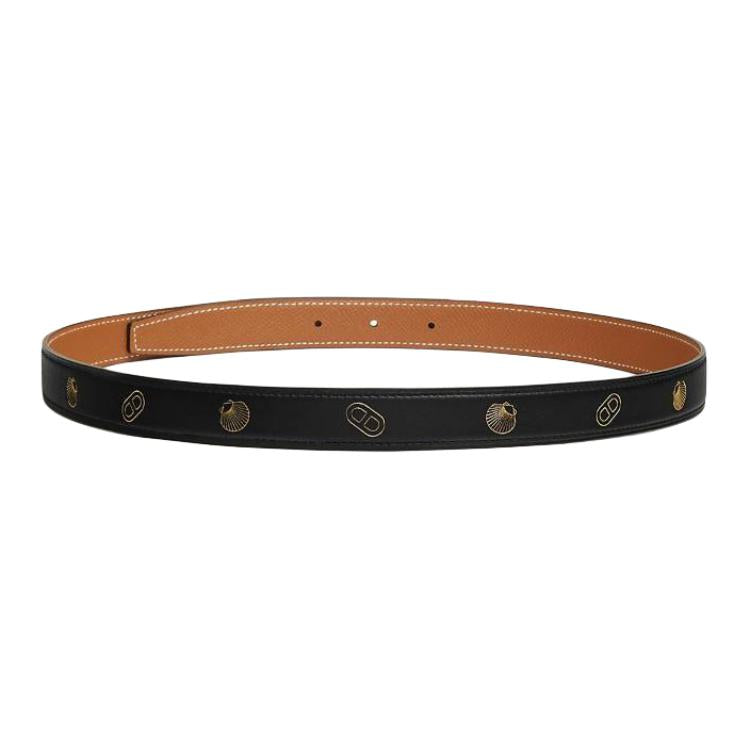 HERMES Eyelet Design Leather Belts Women's Black Width 2.4CM