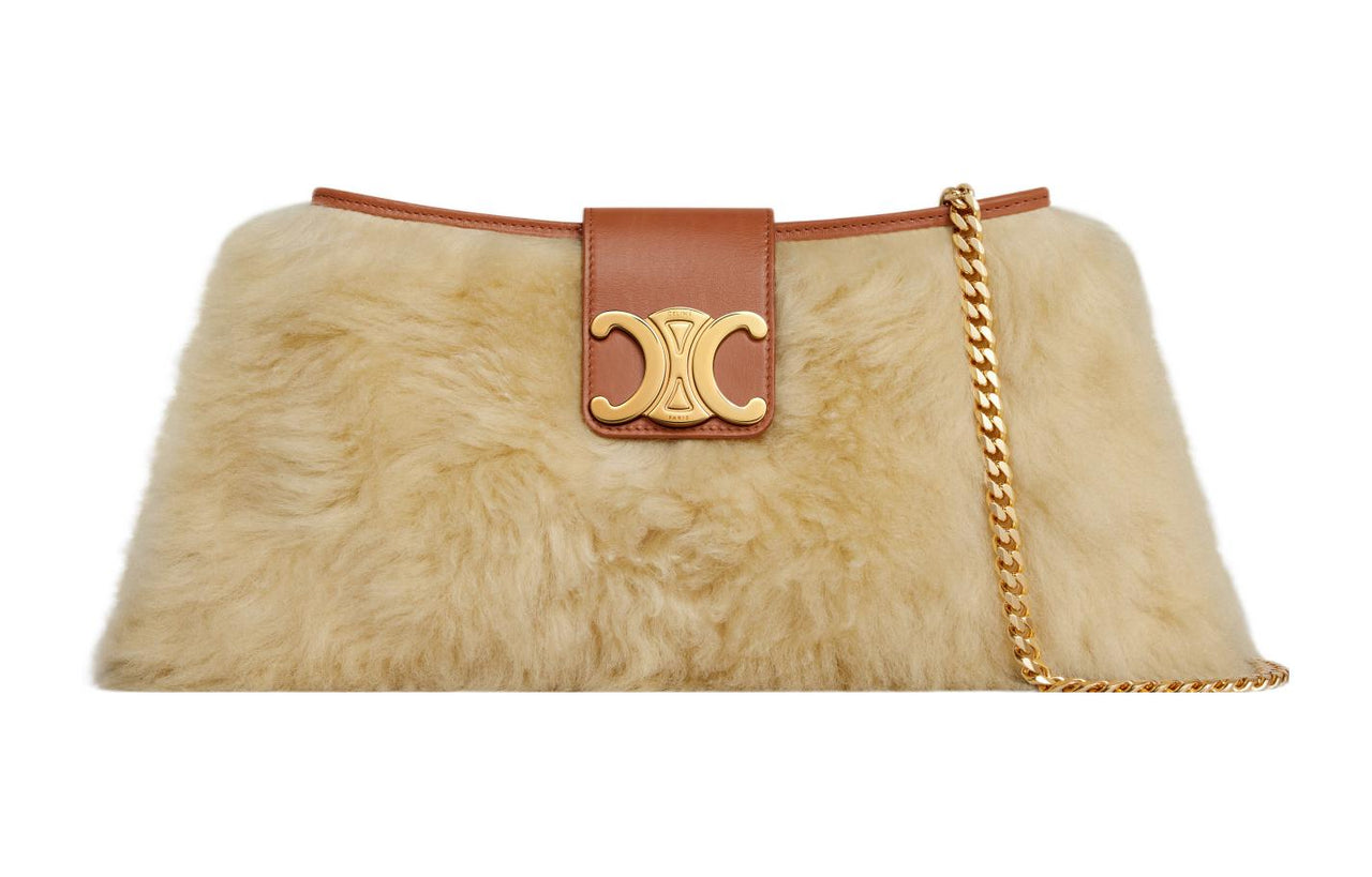 CELINE WilternTriomphe Shearling Cow Leather Patchwork Handbag Shoulder Bag Women's Tan