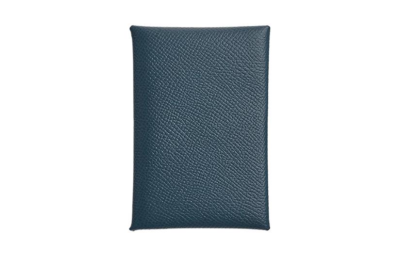 HERMES Calvi Epsom Calfskin Card Holder Women's Prussian Blue With Splashes Of Green