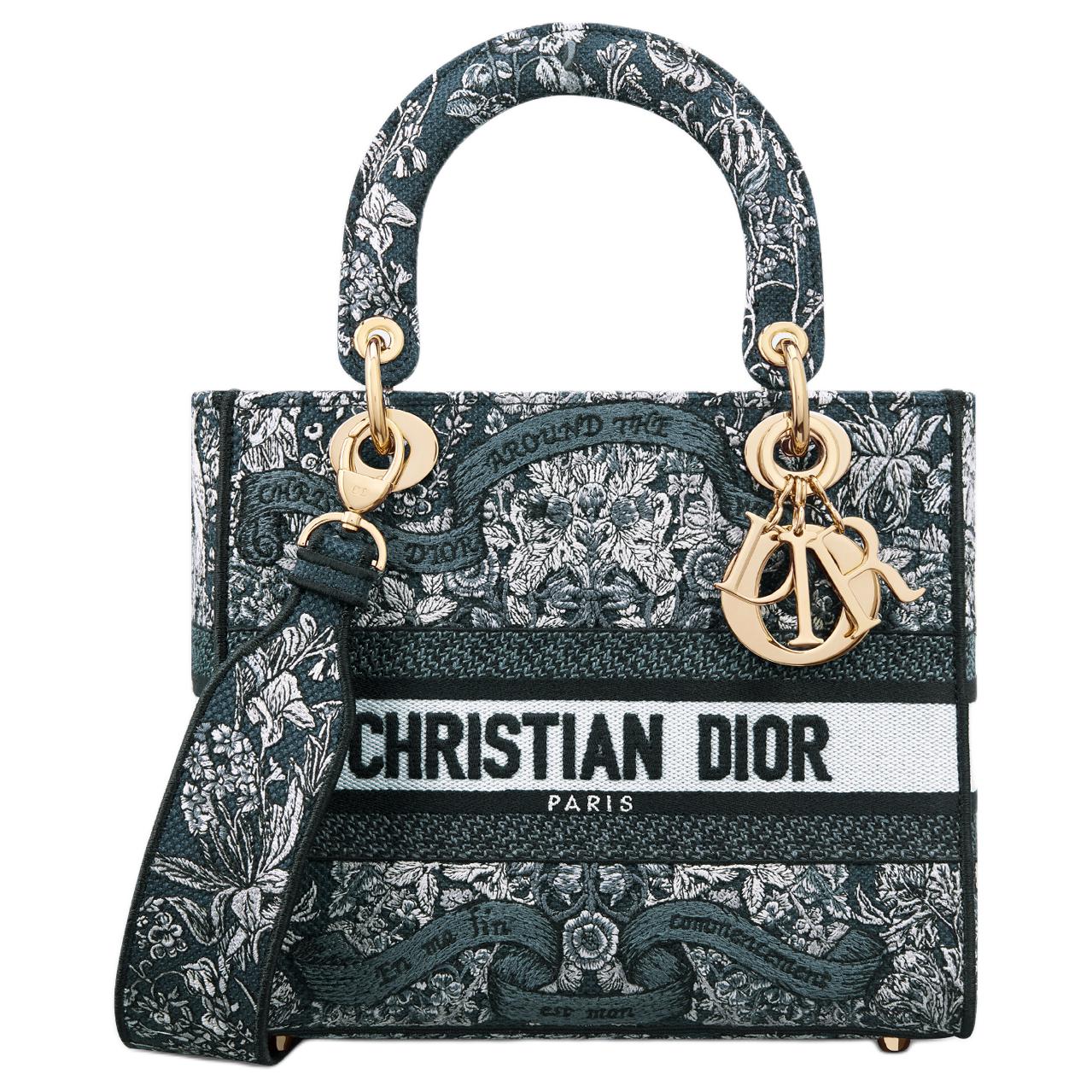 DIOR Fabric Tote Bag, Shopping Bag, Lady Dior Bag, One Shoulder Handbag Medium Size Women's Milk White & Blue