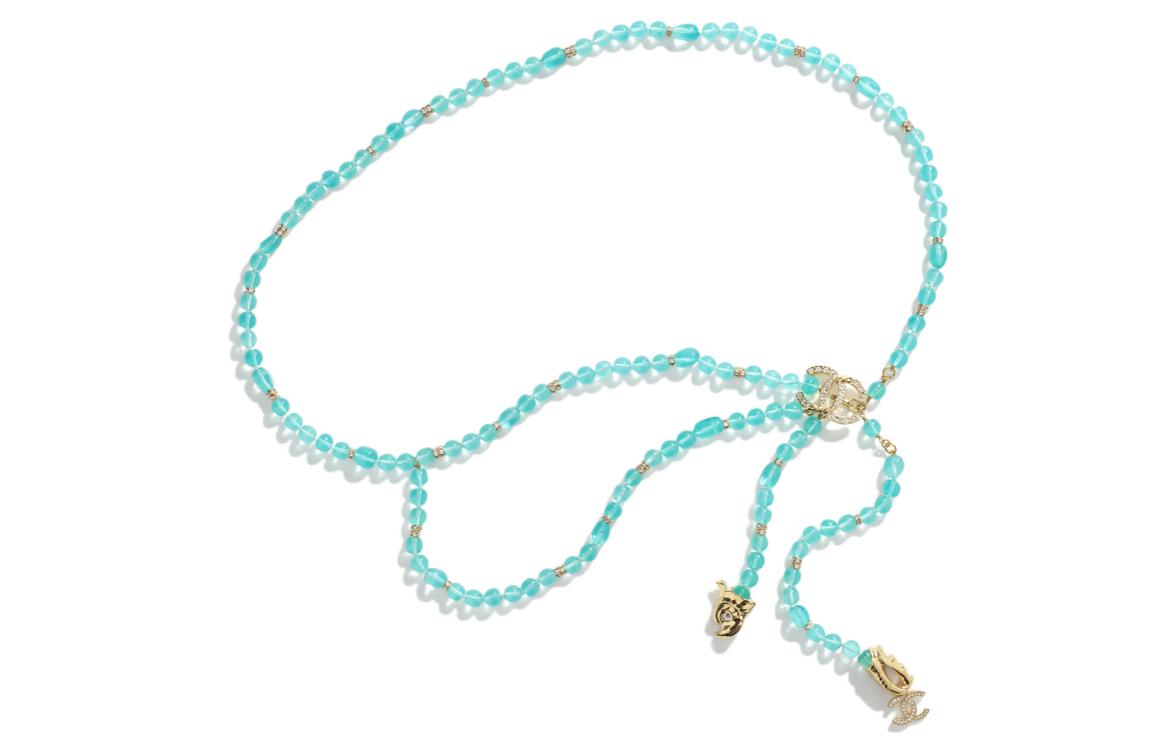 CHANEL Metal Glazed Pearls Gemstone Rhinestone Waist Chain Women's Blue
