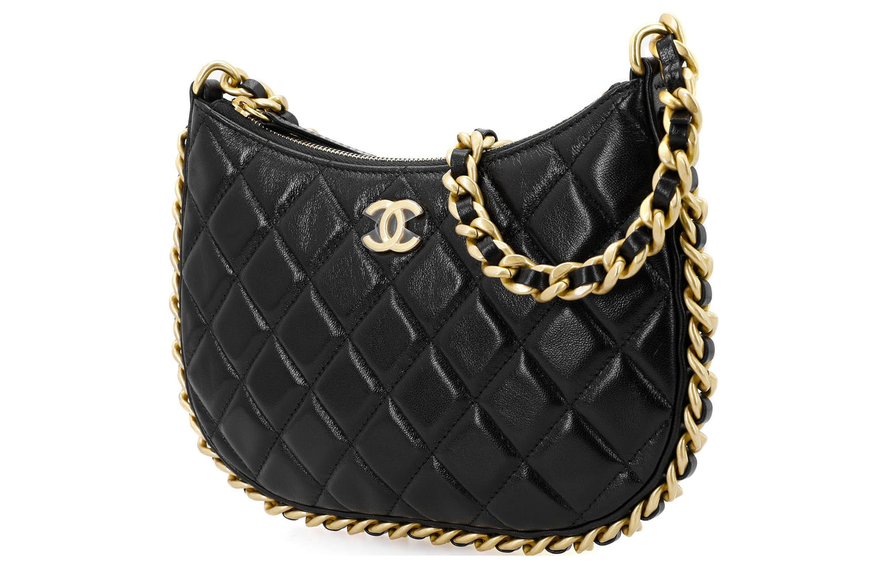 CHANEL Lambskin Hobo Bag Shoulder Bag Handbag Small Size Women's Black