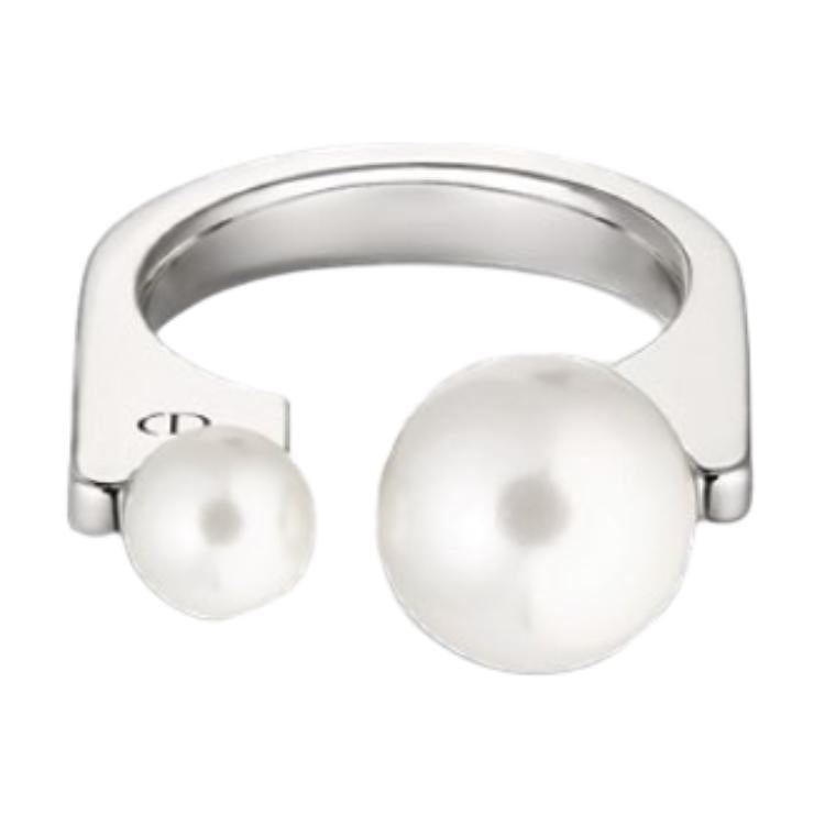 DIOR Metal Resin Pearl Crystal Rings Women's Silver