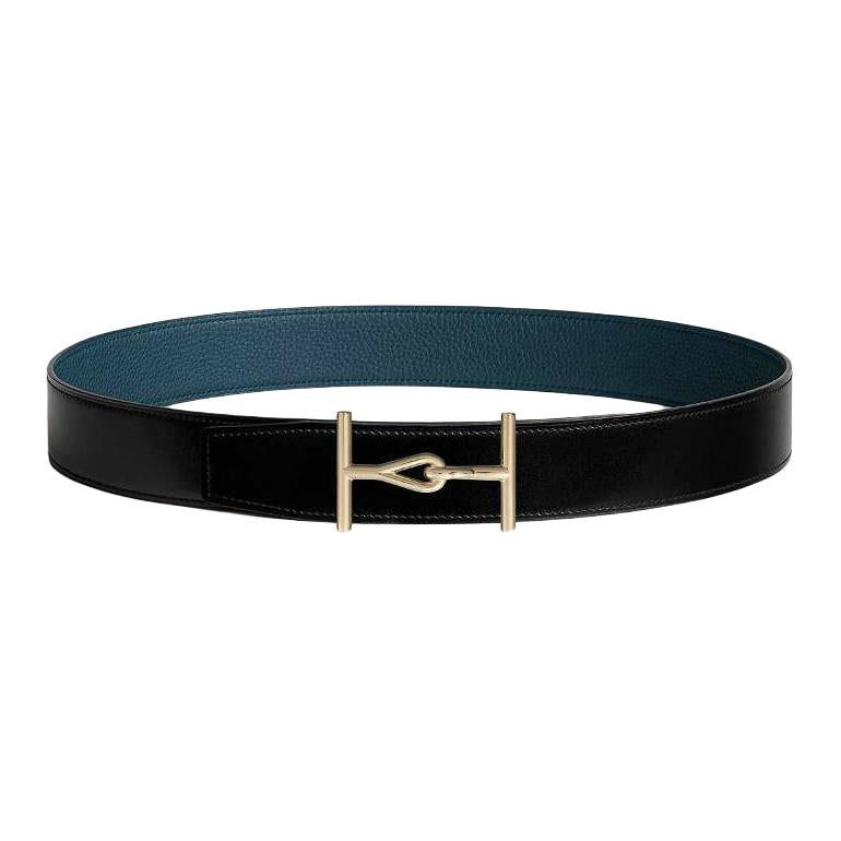 HERMES Calfskin Leather Belts Men's Black Blue Width: 3.8CM
