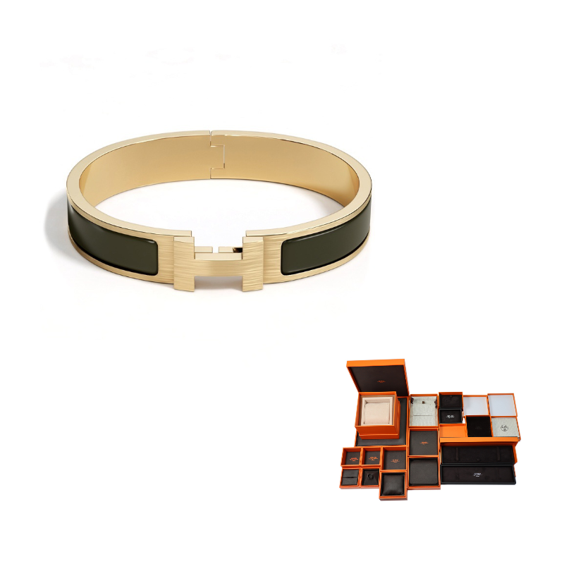 HERMES Metal, Drawn Gold Bangles Men's Dark Green