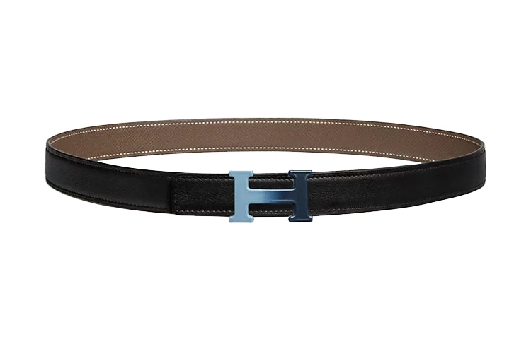 HERMES Double-Sided Cow Leather Alloy Enamel Smooth Buckle Belt Men's Black/Elephant Gray Width: 2.4cm
