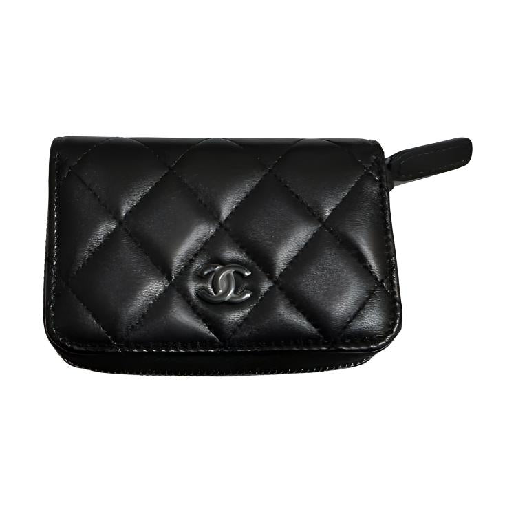 CHANEL Sheepskin Coin Purse Unisex Black