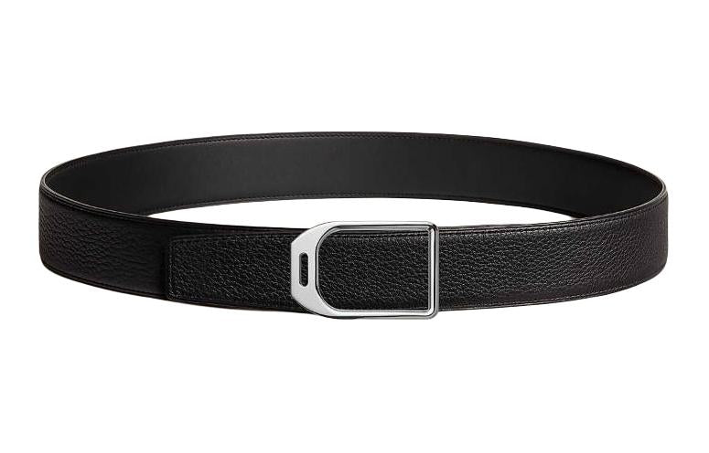 HERMES Double-Sided Design Smooth Buckle Leather Belts Men's Black Width: 3.8CM